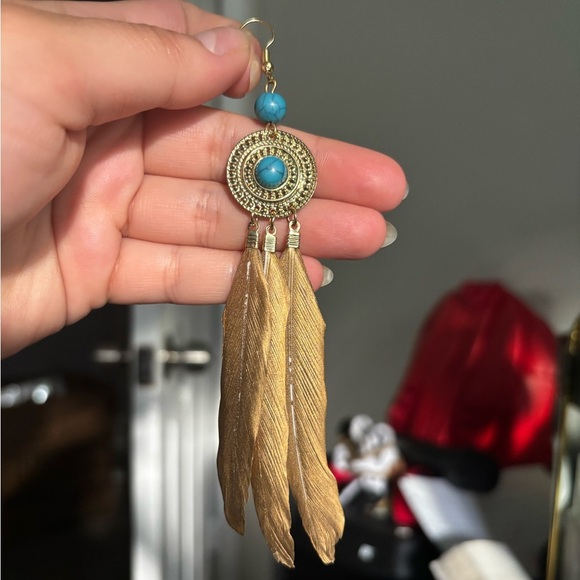Elegant Gold and Turquoise Feather Earrings - Picture 2 of 2